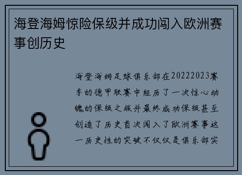 海登海姆惊险保级并成功闯入欧洲赛事创历史 海登海姆惊险保级并成功闯入欧洲赛事创历史